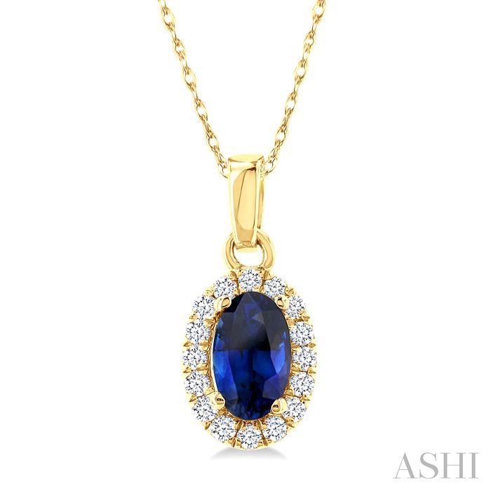 10KT Yellow Gold Oval Blue Sapphire Diamond Halo Pendant Necklace