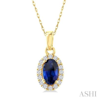 10KT Yellow Gold Oval Blue Sapphire Diamond Halo Pendant Necklace 10KT Yellow Gold Oval Blue Sapphire Diamond Halo Pendant Necklace