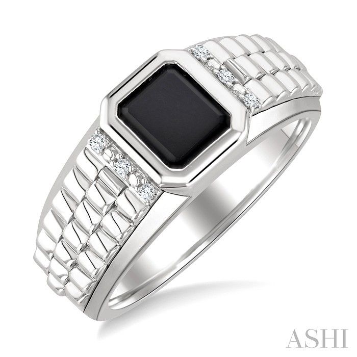 Silver Rectangle Black Onyx Diamond Accent Ring