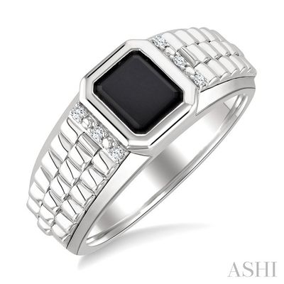 Silver Rectangle Black Onyx Diamond Accent Ring