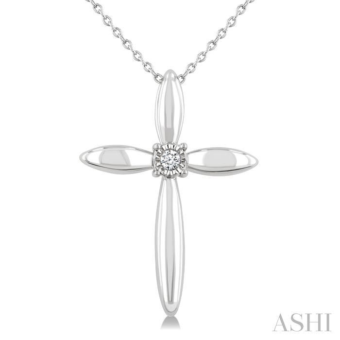 Silver Round Diamond Center Accent Cross Pendant Necklace
