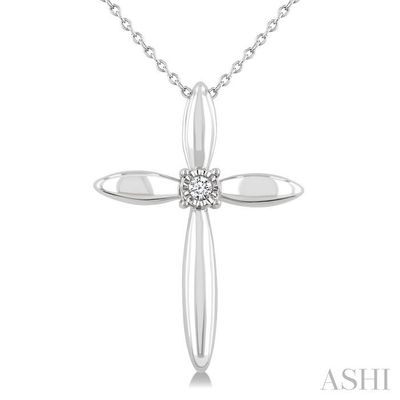 Silver Round Diamond Center Accent Cross Pendant Necklace