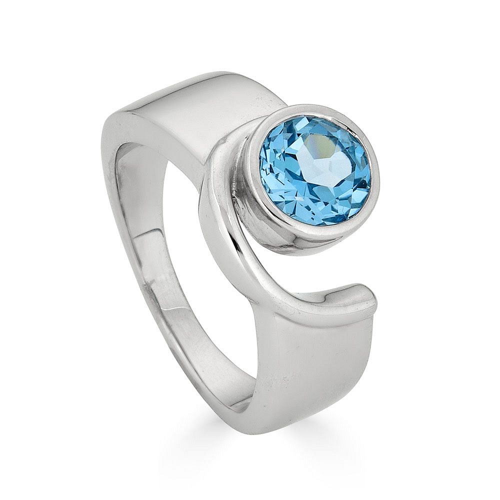 Silver Bezel-Set Round Blue Topaz Swirl Ring