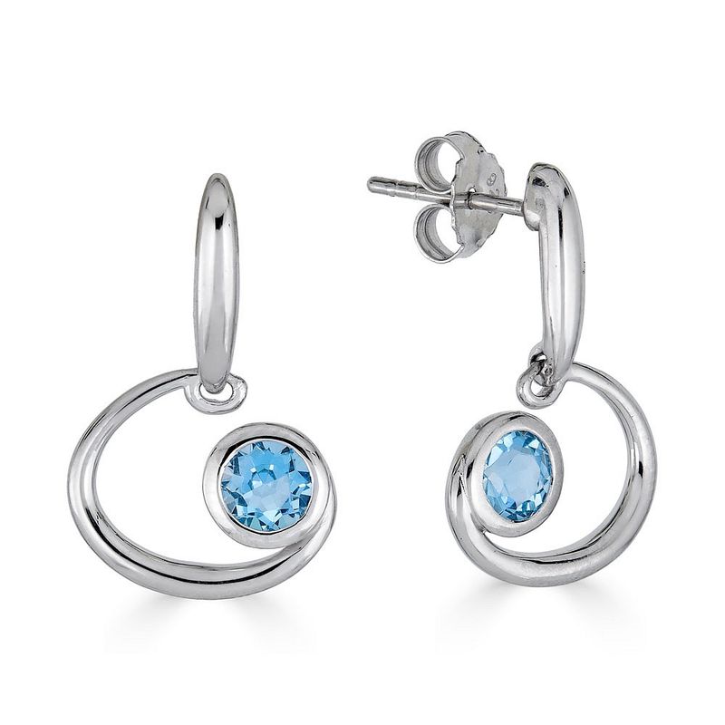 Silver Bezel-Set Round Blue Topaz Swirl Dangle Earrings