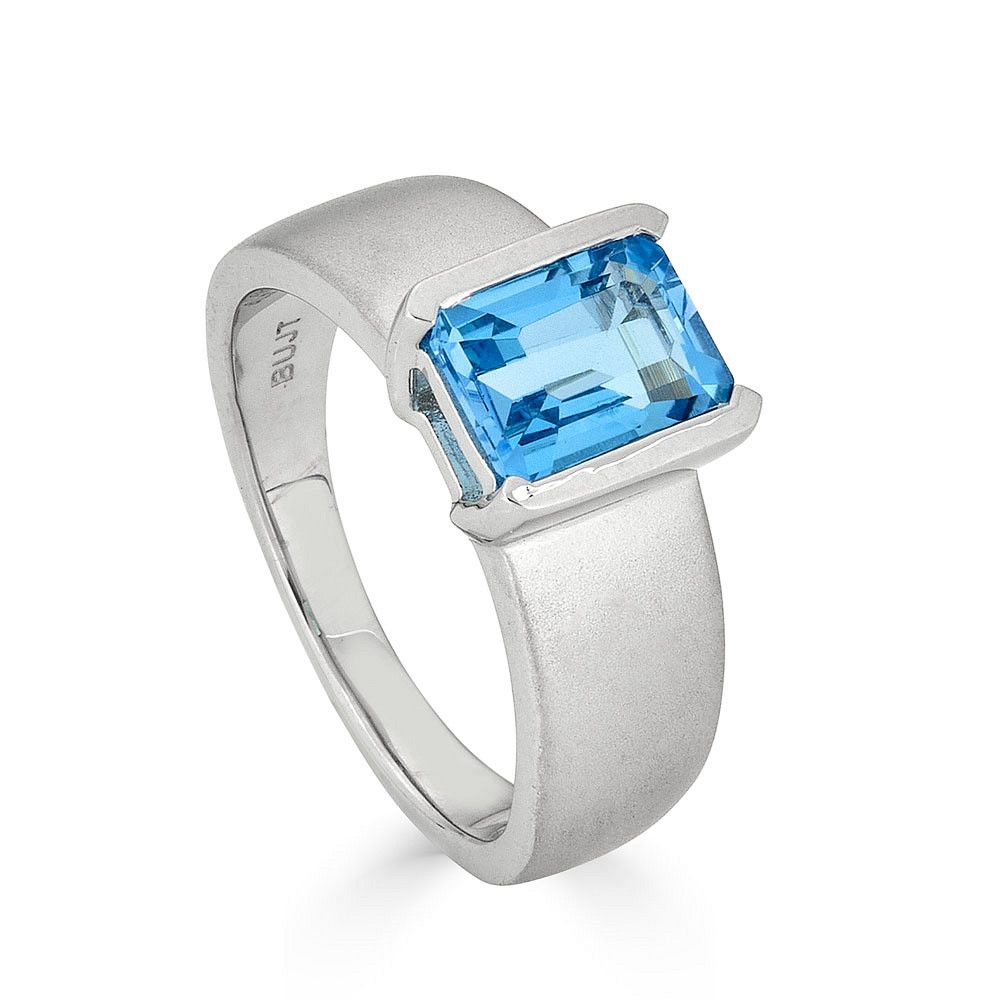 Silver Rectangle Blue Topaz Half Bezel-Set Ring