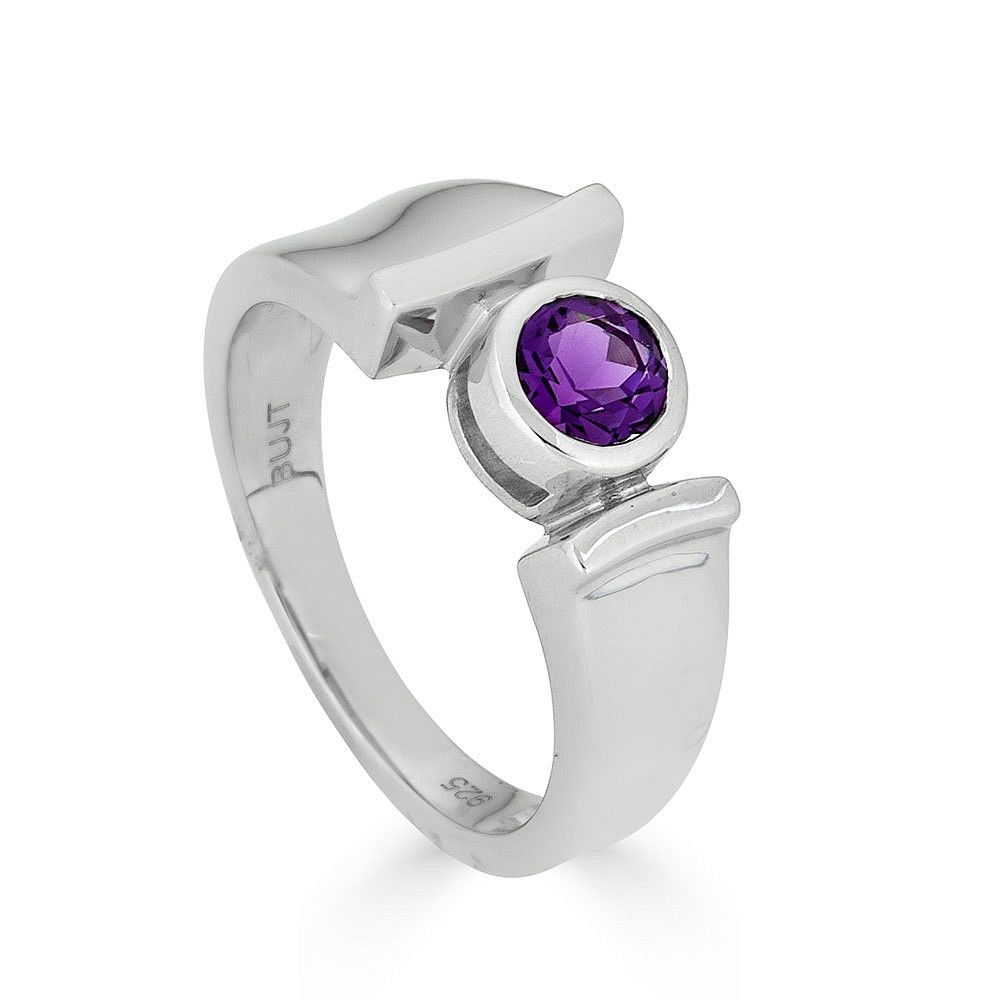 Silver Bezel-Set Round Amethyst Asymmetrical Tapered Ring