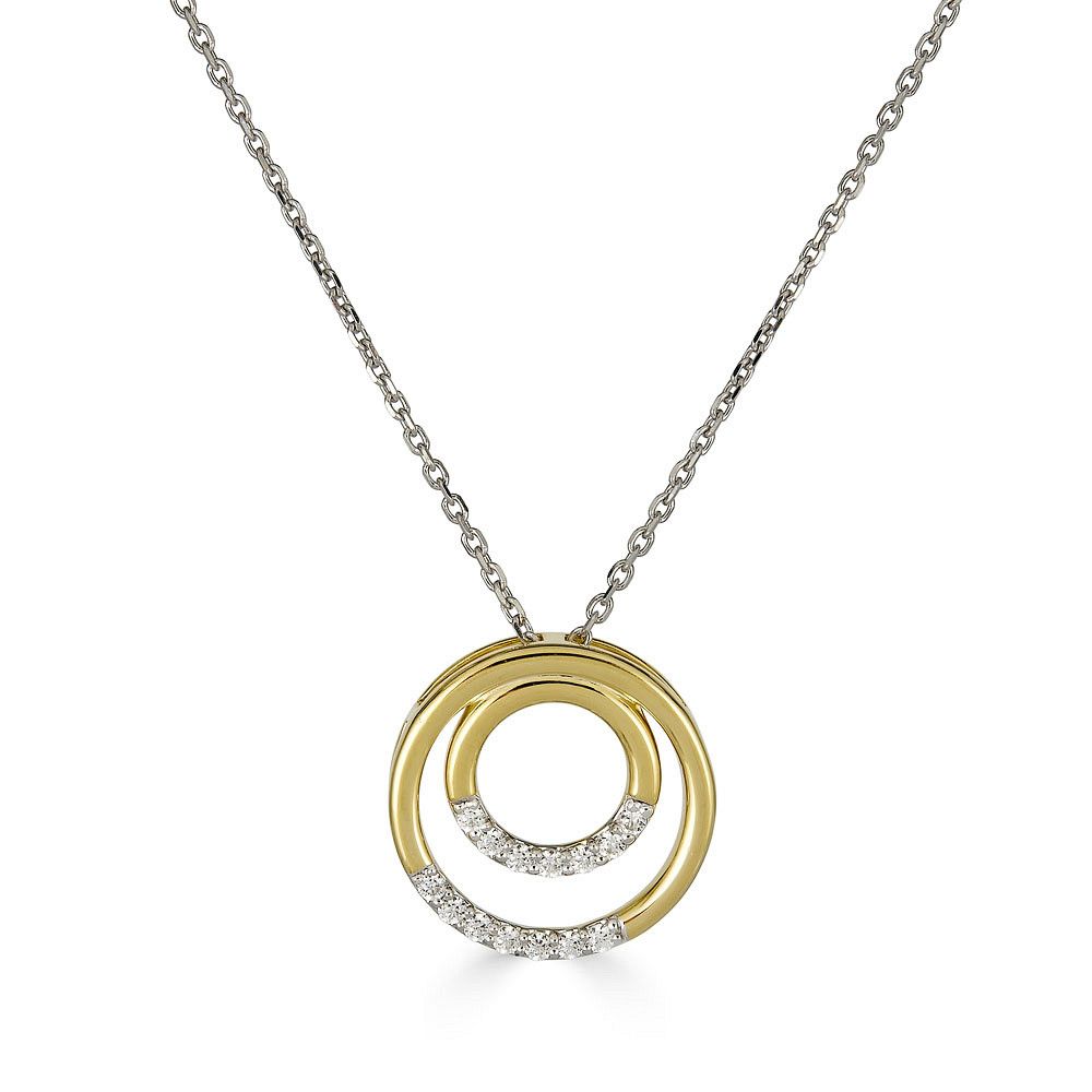 Silver TwoTone Round Lab Diamond Accent Dual Circle Pendant Necklace