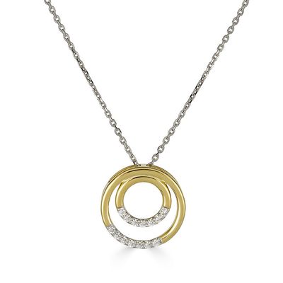 Silver TwoTone Round Lab Diamond Accent Dual Circle Pendant Necklace