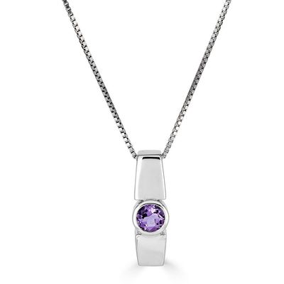 Silver Bezel-Set Round Amethyst Bar Pendant Necklace