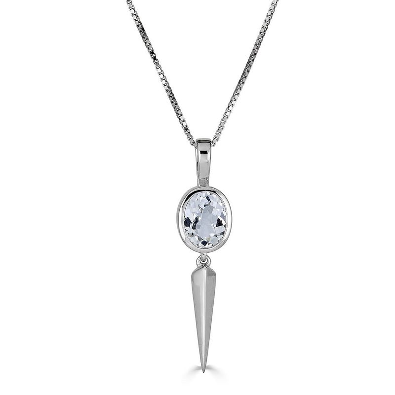 Silver Bezel-Set Oval White Topaz with Dangling Vertical Bar Pendant Necklace