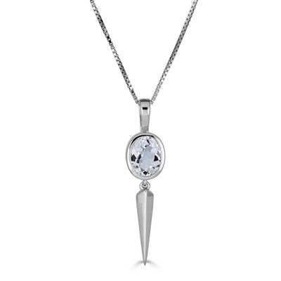 Silver Bezel-Set Oval White Topaz with Dangling Vertical Bar Pendant Necklace