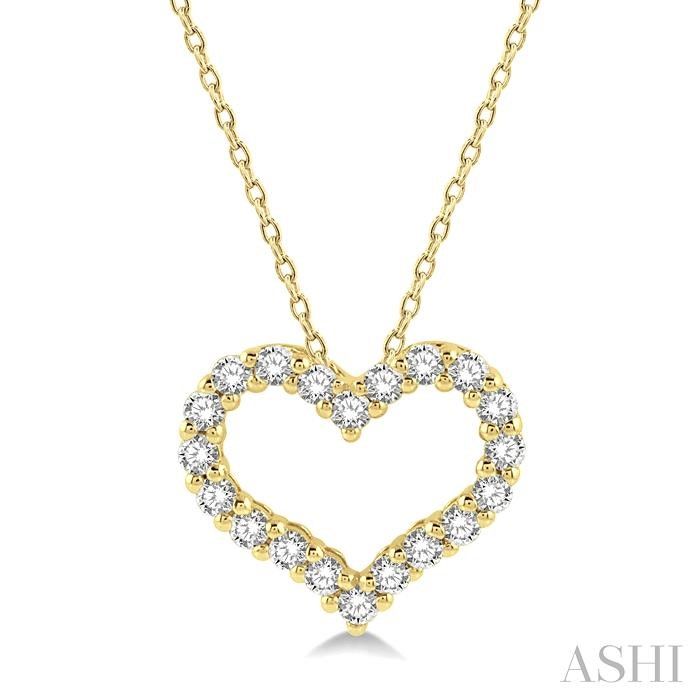 14KT Yellow Gold 20 Round Diamond Open Heart Pendant Necklace