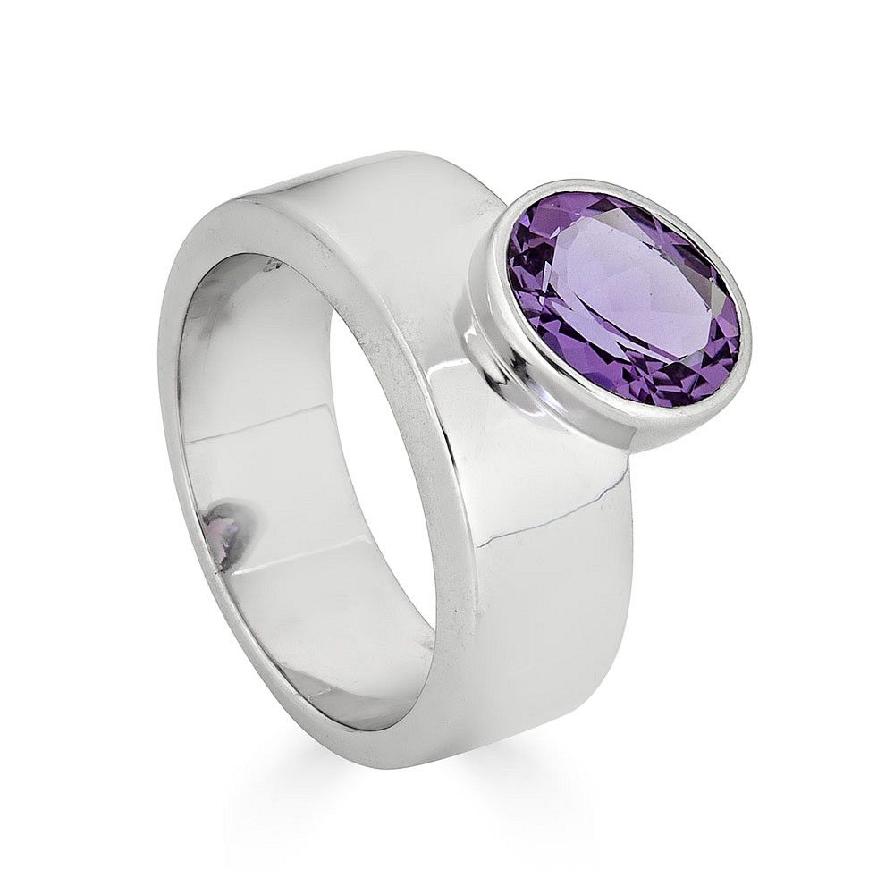 Silver Angled Bezel-Set Oval Amethyst Ring