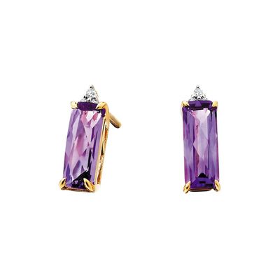 10KT Yellow Gold Checkered Cushion Amethyst Diamond Accents Earrings