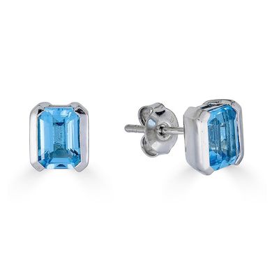 Silver Half Bezel-Set Rectangle Blue Topaz Earrings