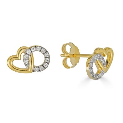 Yellow Gold-Plated Lab Diamond Accent Interlocking Circle and Polished Heart Earrings