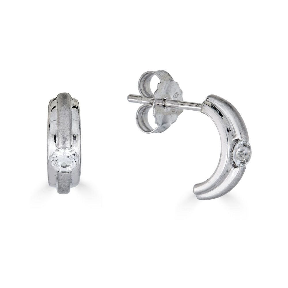 Silver Bezel-Set Round White Topaz Half-Hoop Earrings