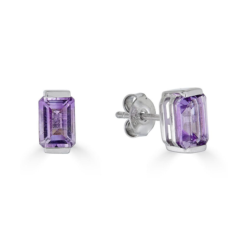 Silver Half Bezel-Set Rectangle Amethyst Stud Earrings