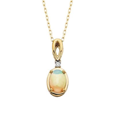 10KT Yellow Gold Opal Round Diamond Accent Pendant Necklace