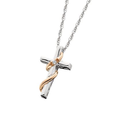 Silver TwoTone Round Diamond Accent Cross with Sash Pendant Necklace