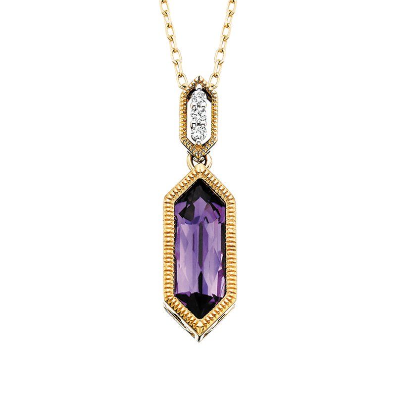 10KT Yellow Gold Hexagon Amethyst Diamond Accent Bail Pendant Necklace