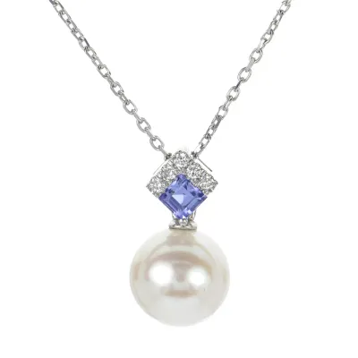 14KT White Gold Freshwater Cultured Pearl with Tanzanite and Diamond Bail Necklace
