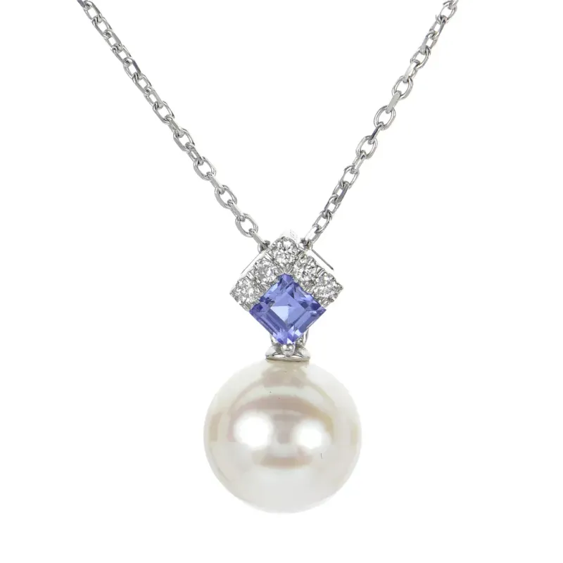14KT White Gold Freshwater Cultured Pearl with Tanzanite and Diamond Bail Necklace