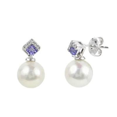 14KT White Gold Freshwater Cultured Pearl with Tanzanite and Diamond Earrings