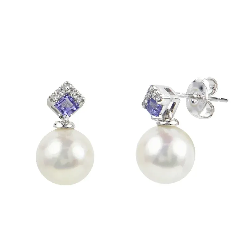 14KT White Gold Freshwater Cultured Pearl with Tanzanite and Diamond Earrings