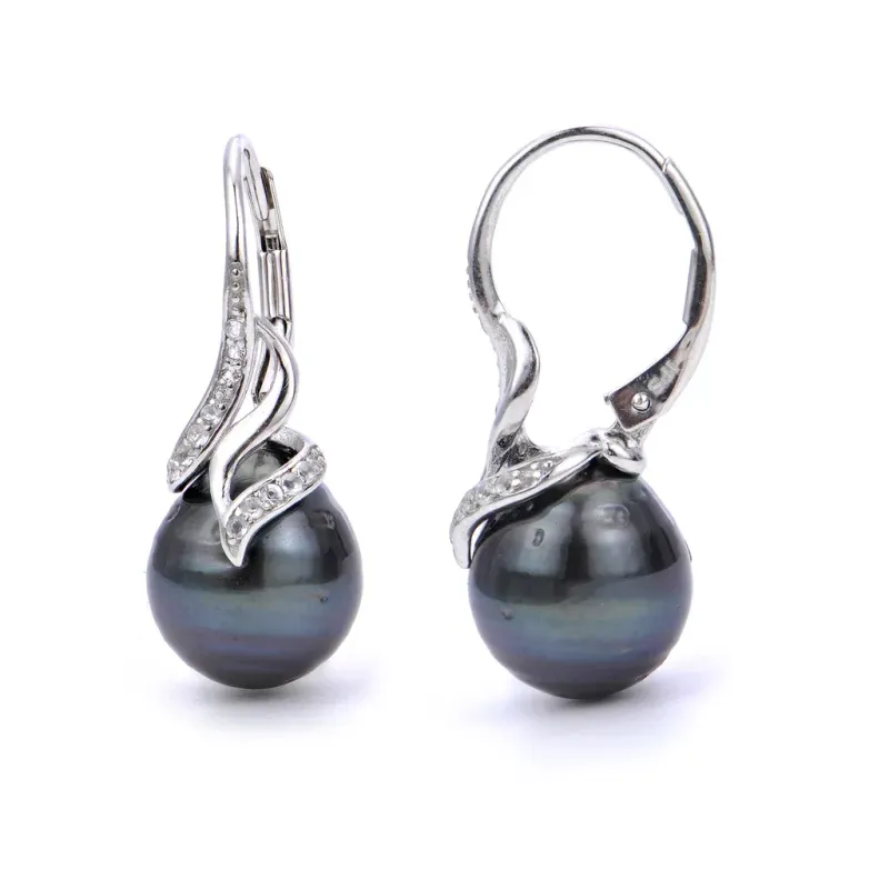 Silver Tahitian Pearl and White Topaz Earrings