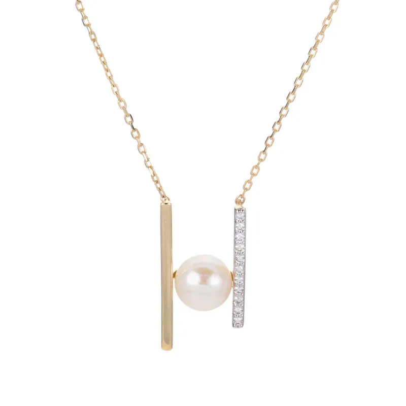 14KT Yellow Gold Freshwater Cultured Pearl Dual Bar Diamond Accent Necklace