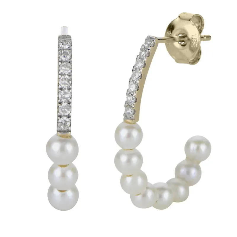 14KT Yellow Gold Freshwater Cultured Pearl and Diamond J Hoop Earrings
