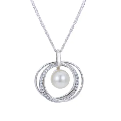 Silver Freshwater Cultured Pearl White Topaz Open Circle Necklace
