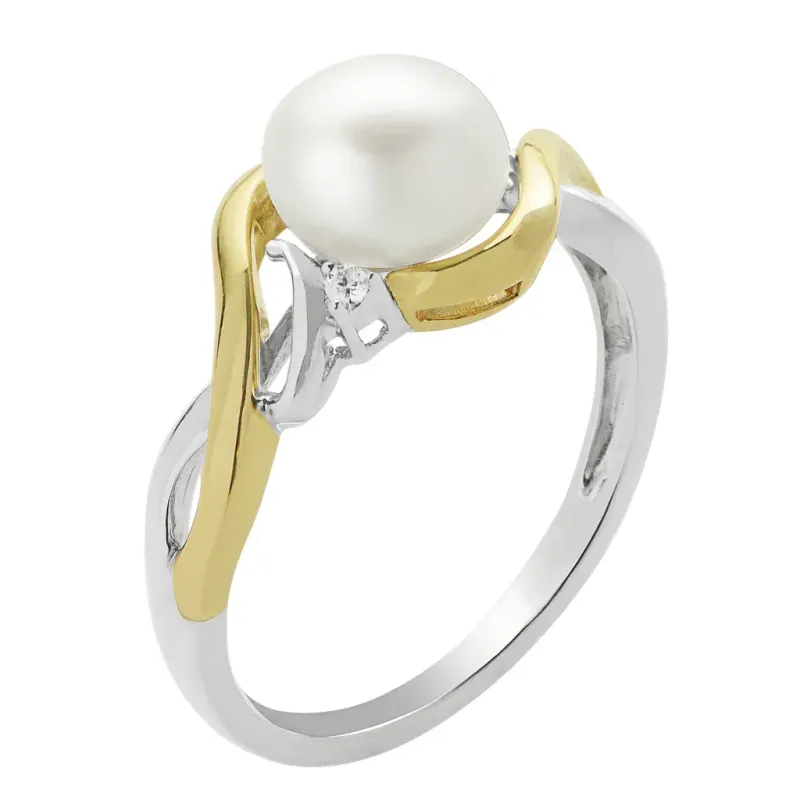 14KT TwoTone Gold Freshwater Pearl Two Diamond Accent Ring