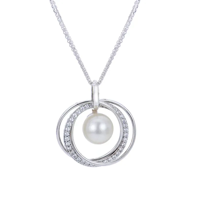 Silver Freshwater Cultured Pearl White Topaz Open Circle Necklace