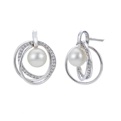 Silver Freshwater Cultured Pearl White Topaz Open Circle Earrings