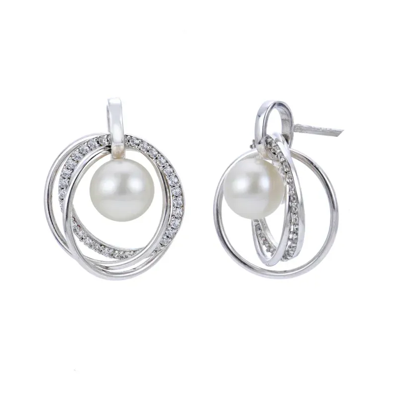 Silver Freshwater Cultured Pearl White Topaz Open Circle Earrings