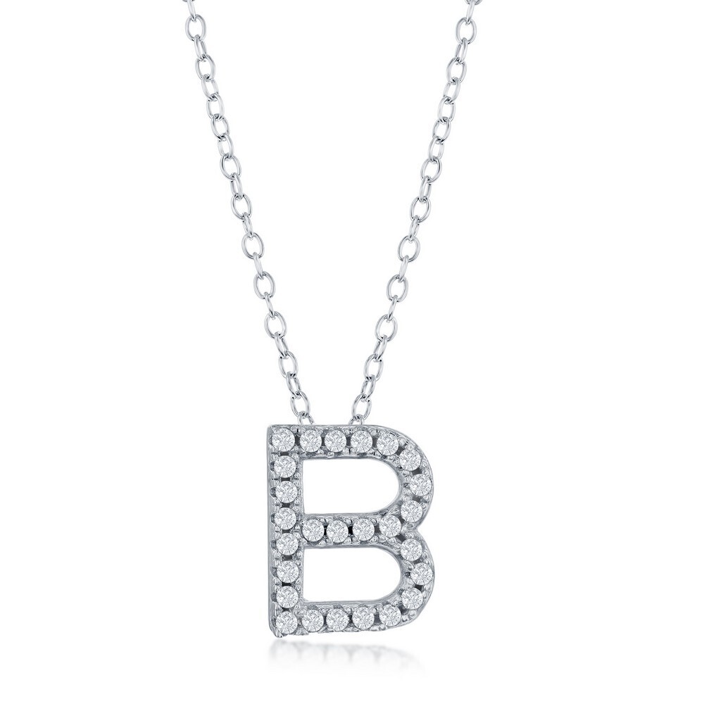 Silver Micro Pave Cubic Zirconia Letter Pendant, Letter: B