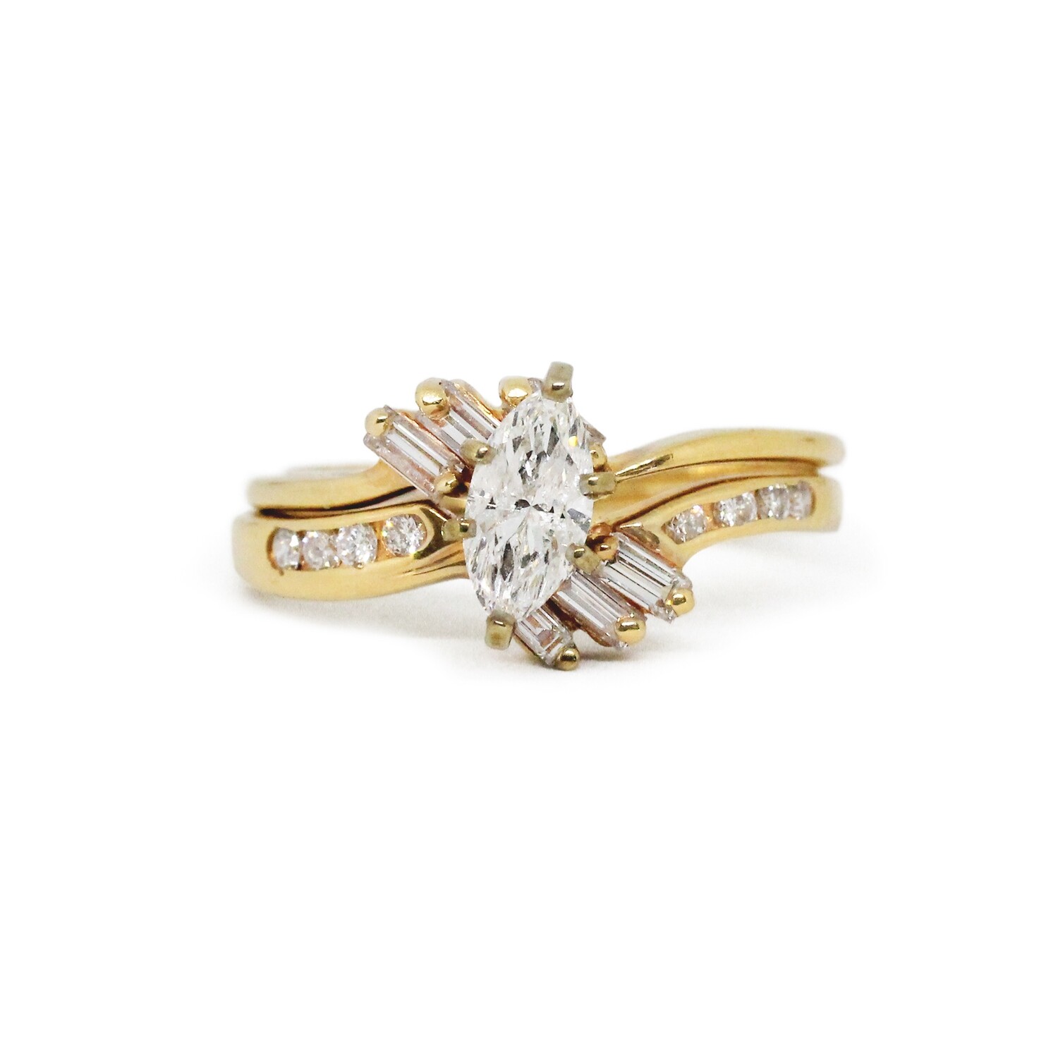 14KT Yellow Gold Marquise, Baguette, and Round Diamond Wed Set 14KT Yellow Gold Marquise, Baguette, and Round Diamond Wed Set