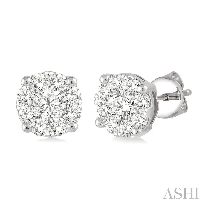14KT White Gold Round Diamond Cluster Stud Earrings