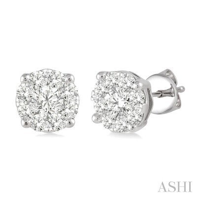 14KT White Gold Round Diamond Cluster Stud Earrings