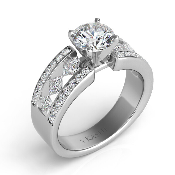 14KT White Gold Princess and Round Diamond Engagement Semi Mount Ring 14KT White Gold Princess and Round Diamond Engagement Semi Mount Ring