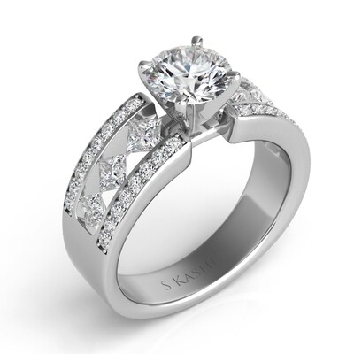 14KT White Gold Princess and Round Diamond Engagement Semi Mount Ring 14KT White Gold Princess and Round Diamond Engagement Semi Mount Ring