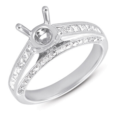 14KT White Gold Channel Princess and Round Diamond Engagement Semi Mount Ring 14KT White Gold Channel Princess and Round Diamond Engagement Semi Mount Ring