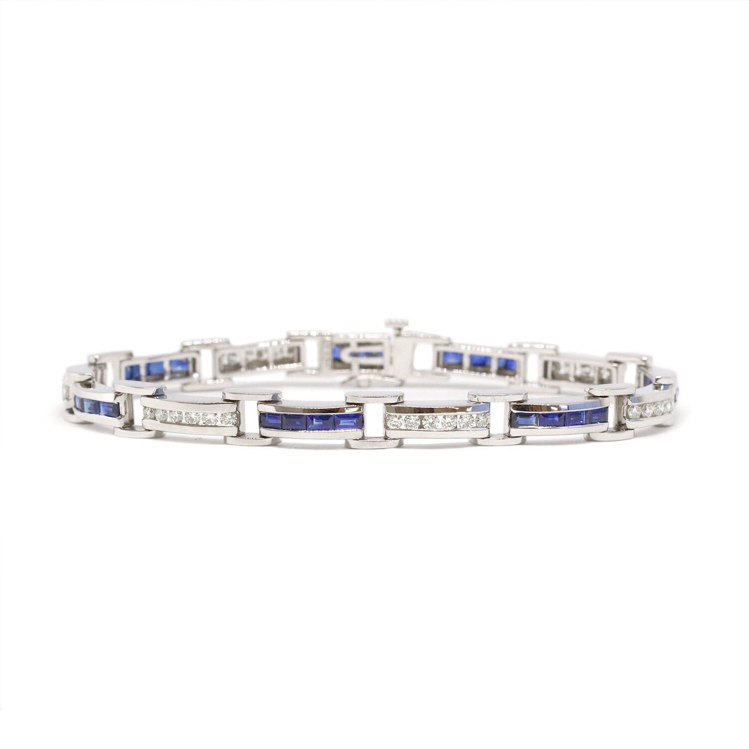 14KT White Gold Baguette Sapphire and Round Diamond Bracelet