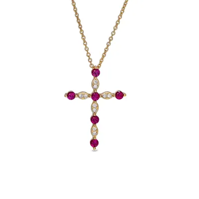 Yellow Gold-Plated Simulated Ruby and Simulated Diamond Cross Necklace Yellow Gold-Plated Simulated Ruby and Simulated Diamond Cross Necklace