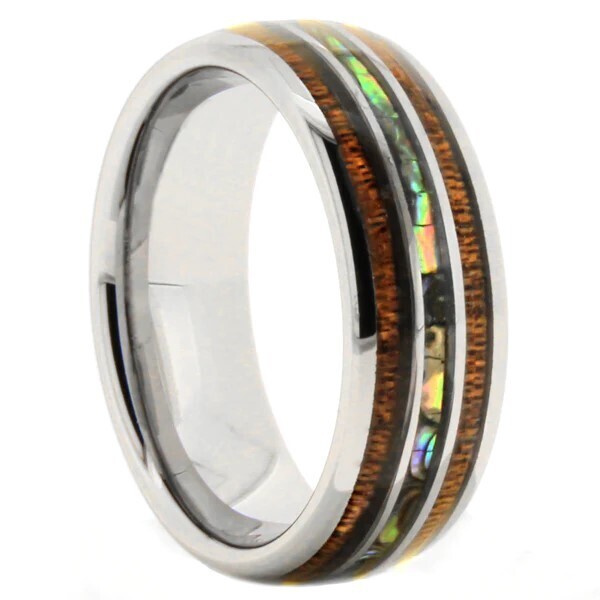 Gray Tungsten Koa Wood and Abalone Inlay Band Gray Tungsten Koa Wood and Abalone Inlay Band