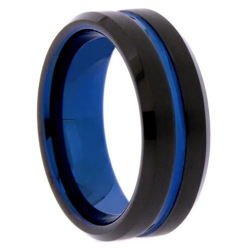 Black Tungsten Blue Stripe Band