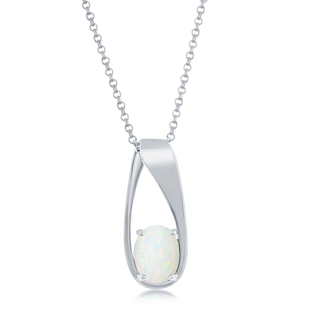 Silver Oval Created White Opal Drop Pendant Necklace