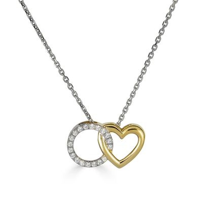 Silver TwoTone Interlocking Heart and Lab-Created Diamond Accented Circle Pendant Necklace Silver TwoTone Interlocking Heart and Lab-Created Diamond Accented Circle Pendant Necklace